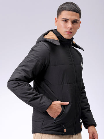 Men's Black Slim Fit Solid Hooded Jacket