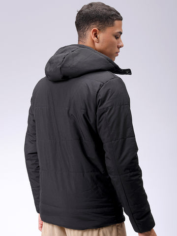 Men's Black Slim Fit Solid Hooded Jacket