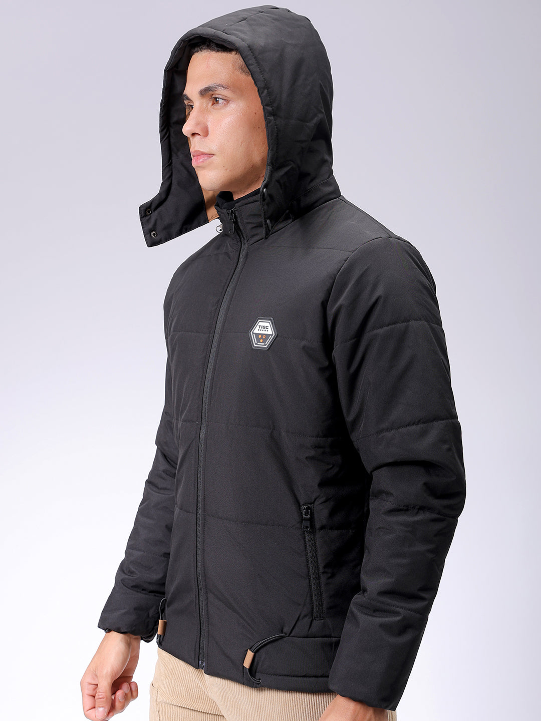 Men's Black Slim Fit Solid Hooded Jacket