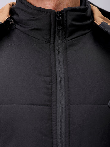 Men's Black Slim Fit Solid Hooded Jacket