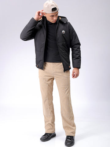 Men's Black Slim Fit Solid Hooded Jacket