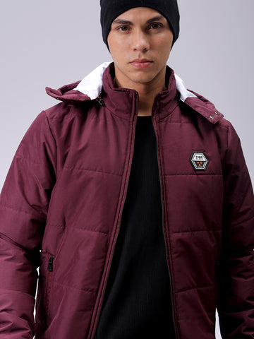 Men's Maroon Blue Slim Fit Solid Hooded Jacket