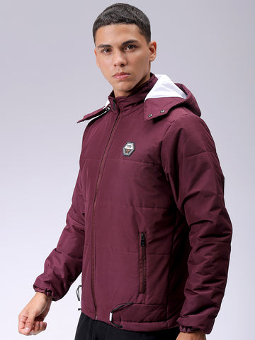 Men's Maroon Blue Slim Fit Solid Hooded Jacket