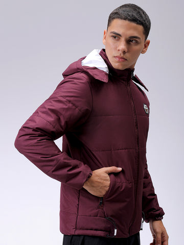 Men's Maroon Blue Slim Fit Solid Hooded Jacket