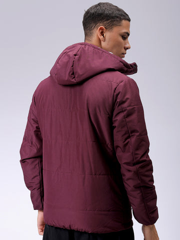 Men's Maroon Blue Slim Fit Solid Hooded Jacket