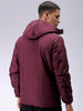 Men's Maroon Blue Slim Fit Solid Hooded Jacket