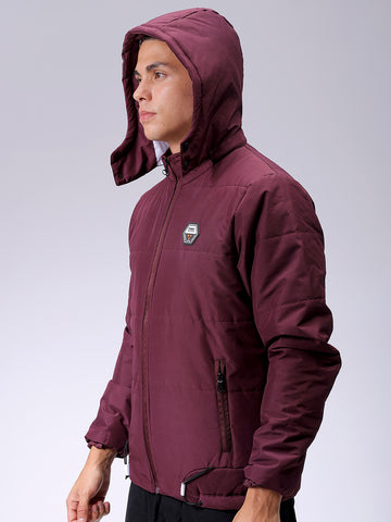 Men's Maroon Blue Slim Fit Solid Hooded Jacket
