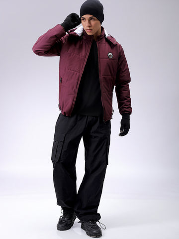 Men's Maroon Blue Slim Fit Solid Hooded Jacket