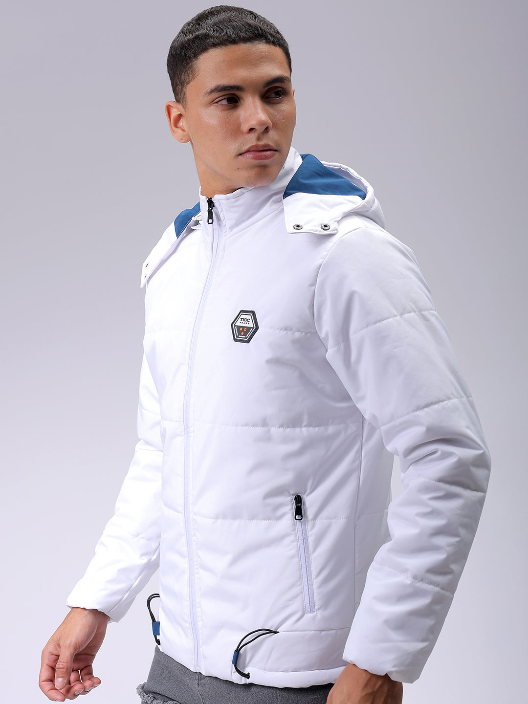 Men's Beige Slim Fit Solid Hooded Jacket