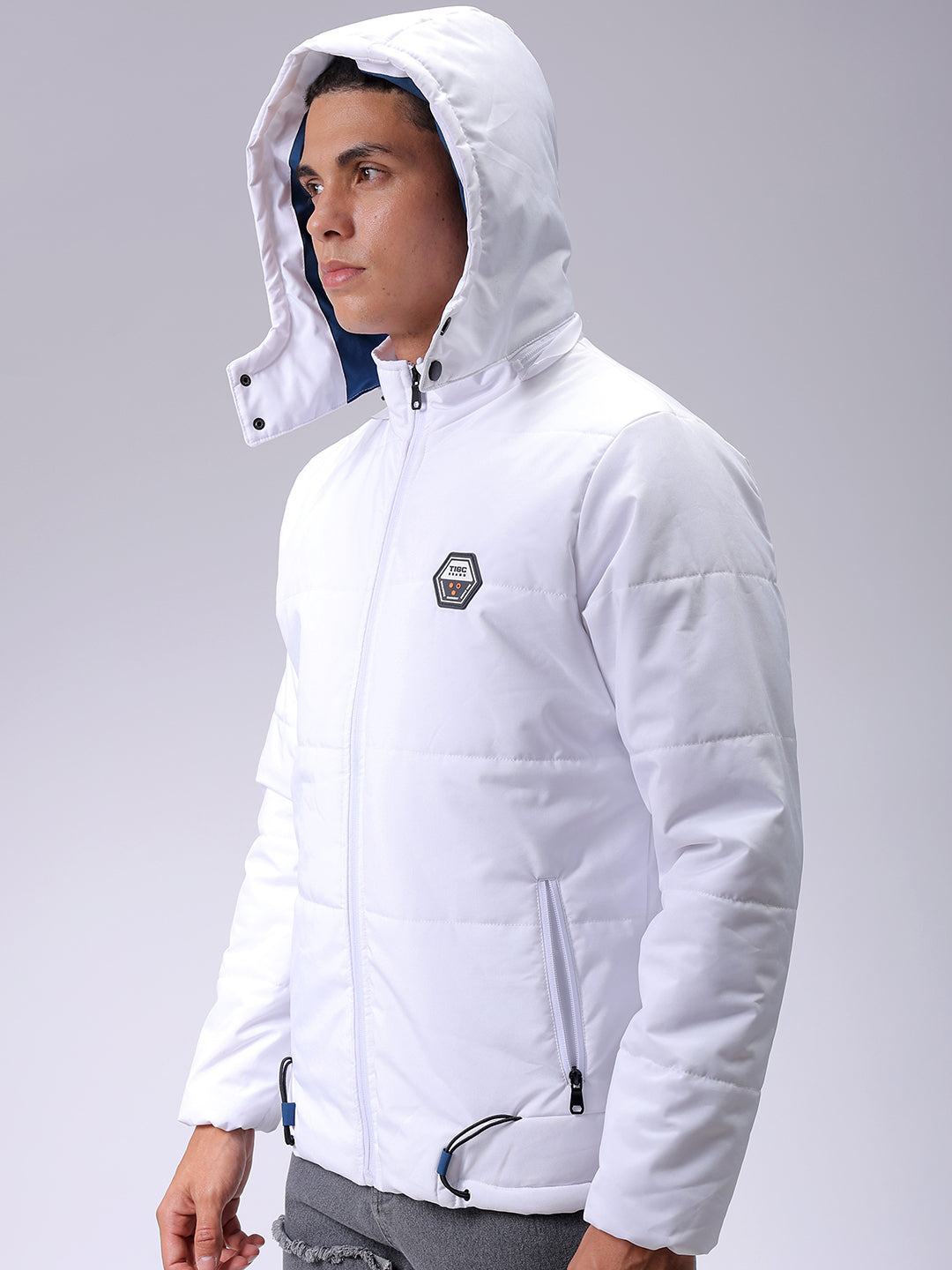 Men's Beige Slim Fit Solid Hooded Jacket