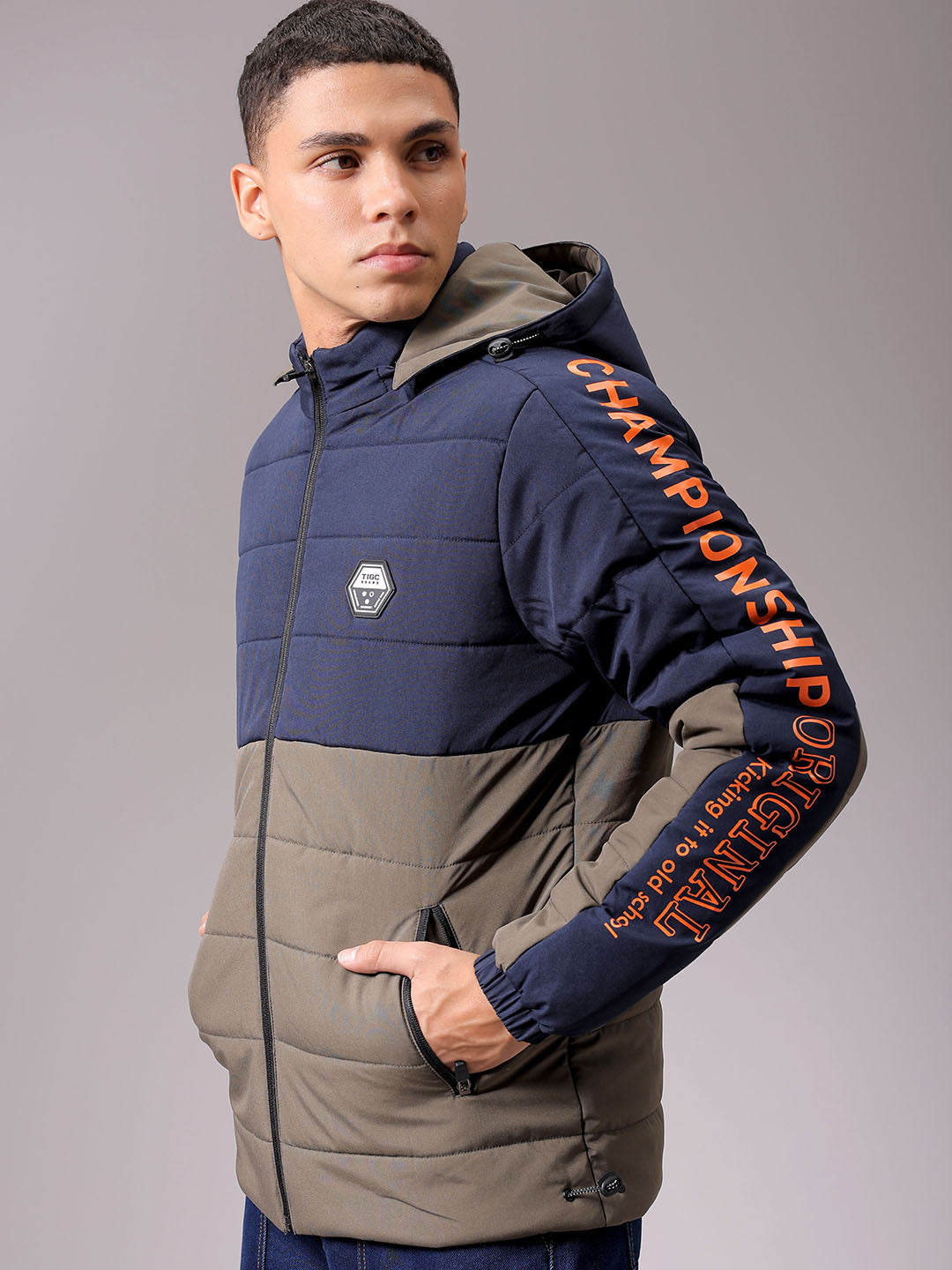 Men's Navy Blue Slim Fit Graphic Jacket