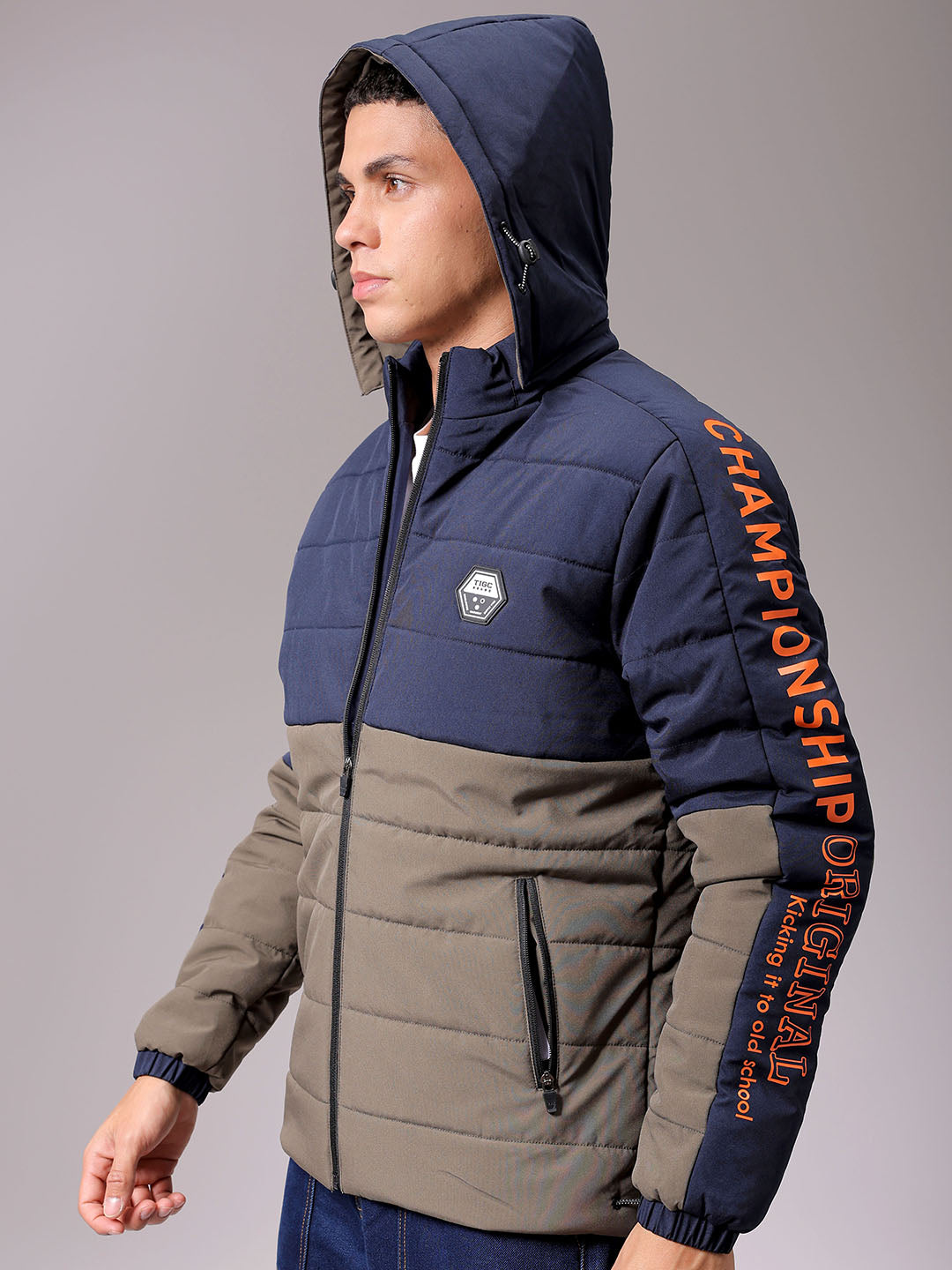 Men's Navy Blue Slim Fit Graphic Jacket