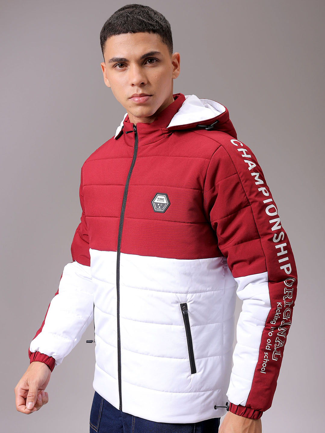 Men's Maroon Slim Fit Graphic Jacket