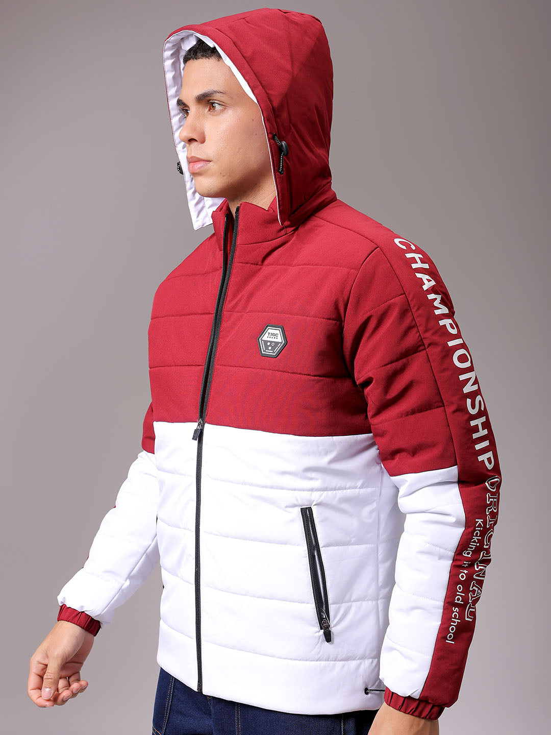 Men's Maroon Slim Fit Graphic Jacket