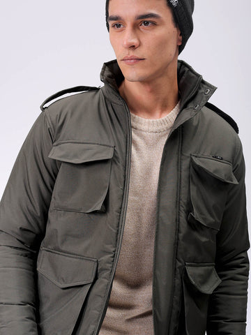 Men's Olive Slim Fit Solid Jacket