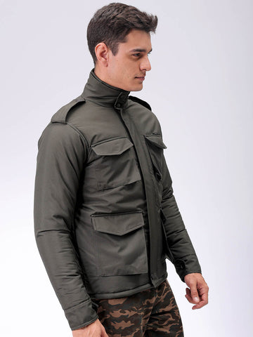Men's Olive Slim Fit Solid Jacket