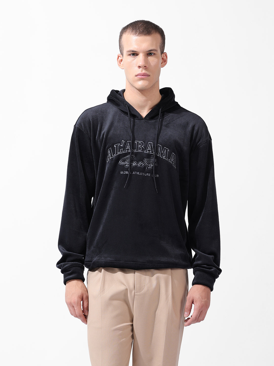 Men's Black Regular Fit Textured Casual Sweatshirt