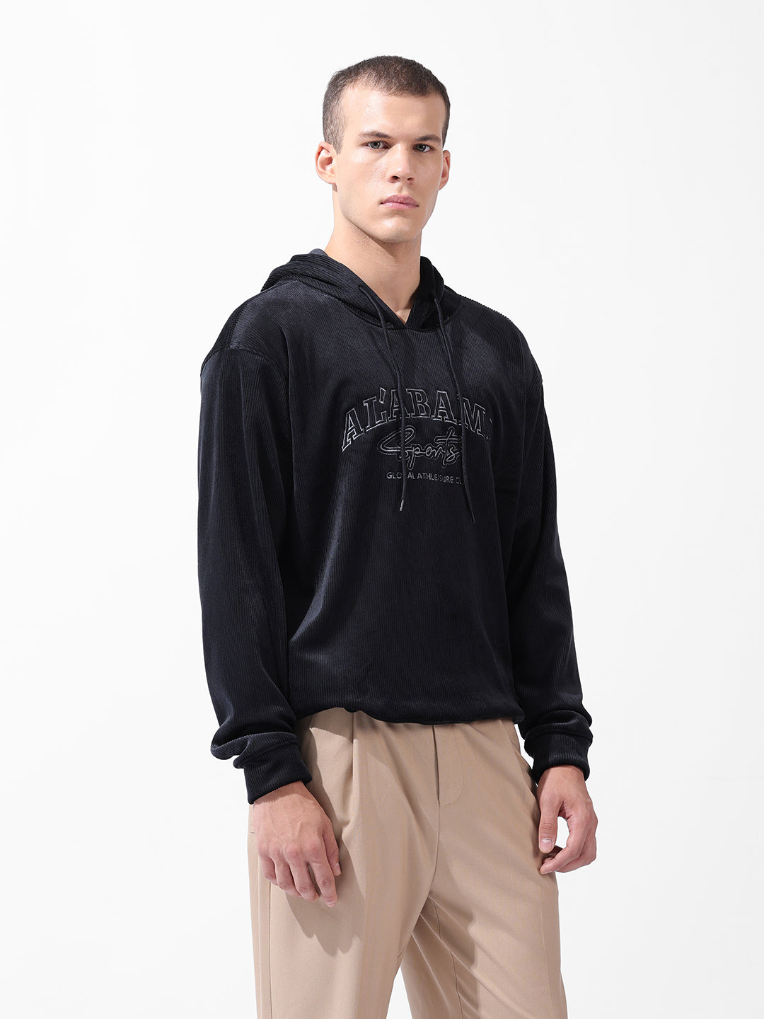 Men's Black Regular Fit Textured Casual Sweatshirt