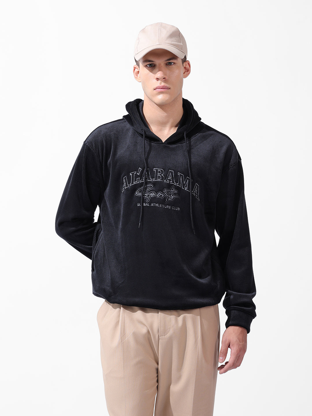 Men's Black Regular Fit Textured Casual Sweatshirt