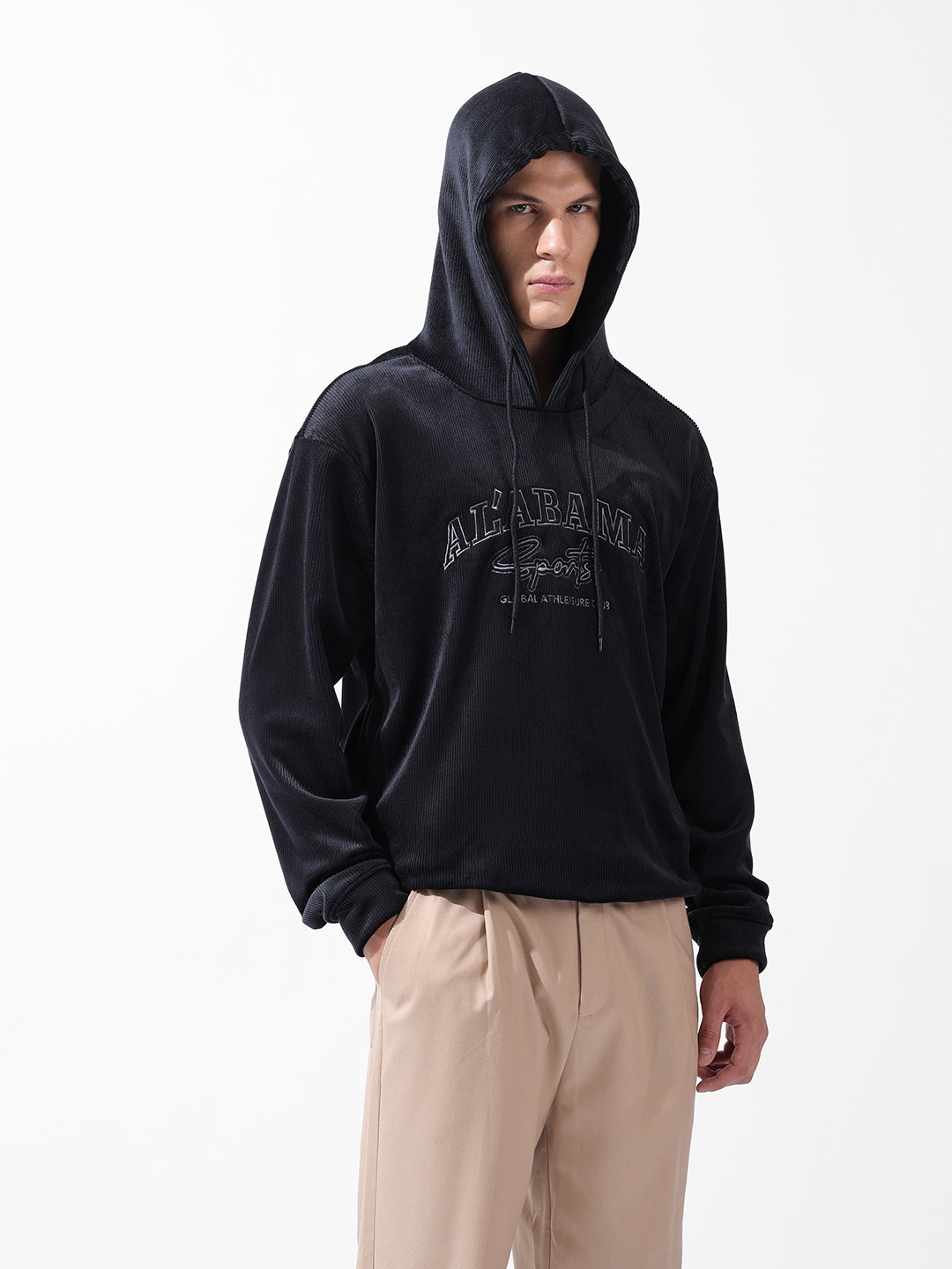 Men's Black Regular Fit Textured Casual Sweatshirt