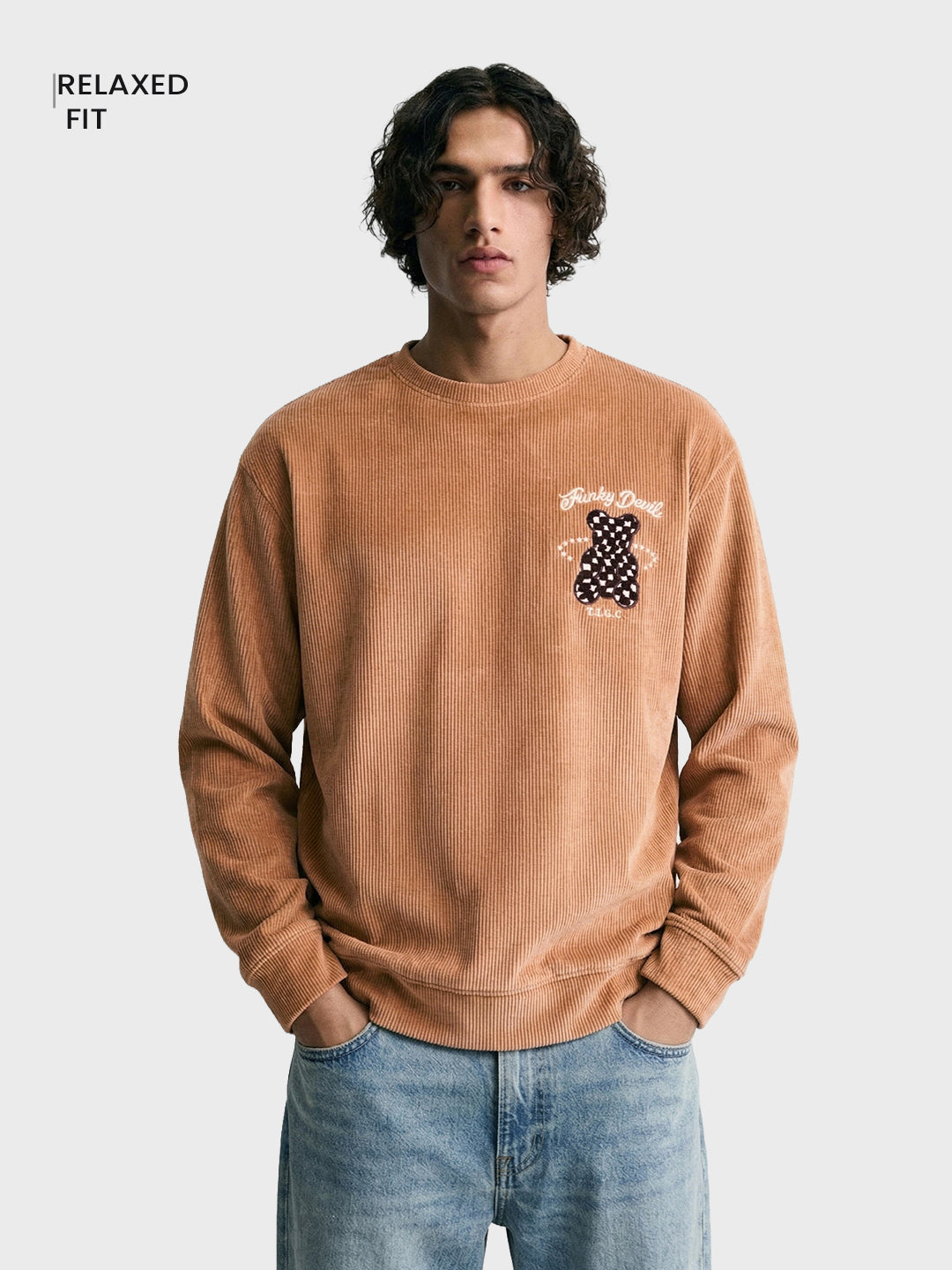 Men's Taupe Oversized Fit Embroidered Casual Sweatshirt