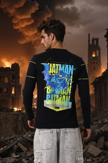 Men's Black Slim Fit Character Batman Printed Crew Neck T-Shirt