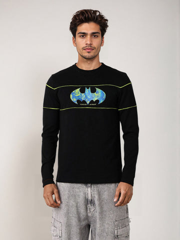Men's Black Slim Fit Character Batman Printed Crew Neck T-Shirt