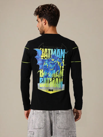 Men's Black Slim Fit Character Batman Printed Crew Neck T-Shirt