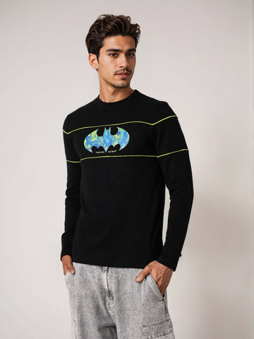 Men's Black Slim Fit Character Batman Printed Crew Neck T-Shirt