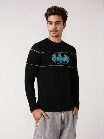 Men's Black Slim Fit Character Batman Printed Crew Neck T-Shirt