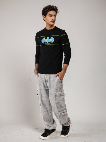 Men's Black Slim Fit Character Batman Printed Crew Neck T-Shirt