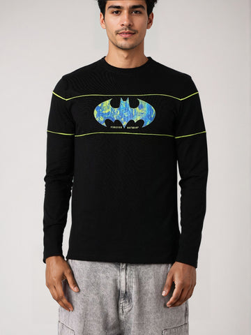 Men's Black Slim Fit Character Batman Printed Crew Neck T-Shirt