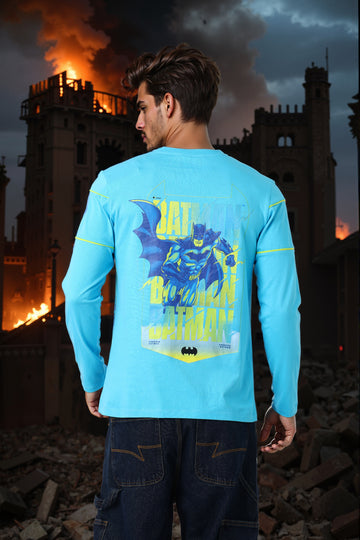 Men's Blue Slim Fit Character Batman Printed Crew Neck T-Shirt