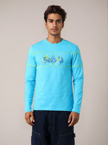 Men's Blue Slim Fit Character Batman Printed Crew Neck T-Shirt
