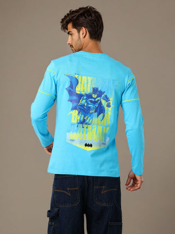 Men's Blue Slim Fit Character Batman Printed Crew Neck T-Shirt