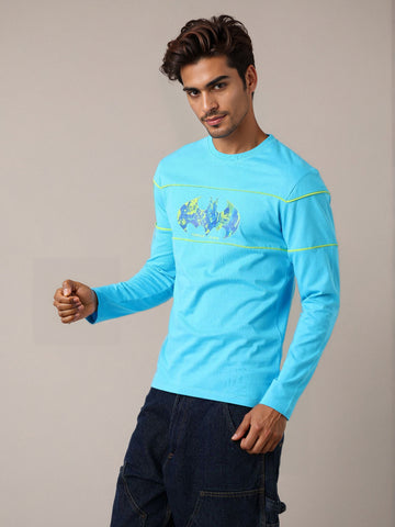 Men's Blue Slim Fit Character Batman Printed Crew Neck T-Shirt