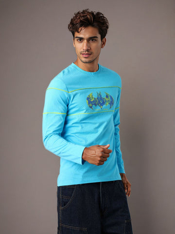 Men's Blue Slim Fit Character Batman Printed Crew Neck T-Shirt