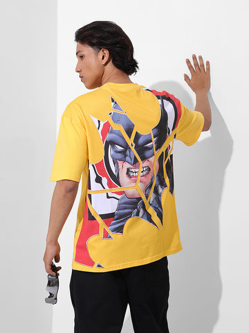 Men's Yellow Boxy Fit Character Batman Printed Crew Neck T-Shirt