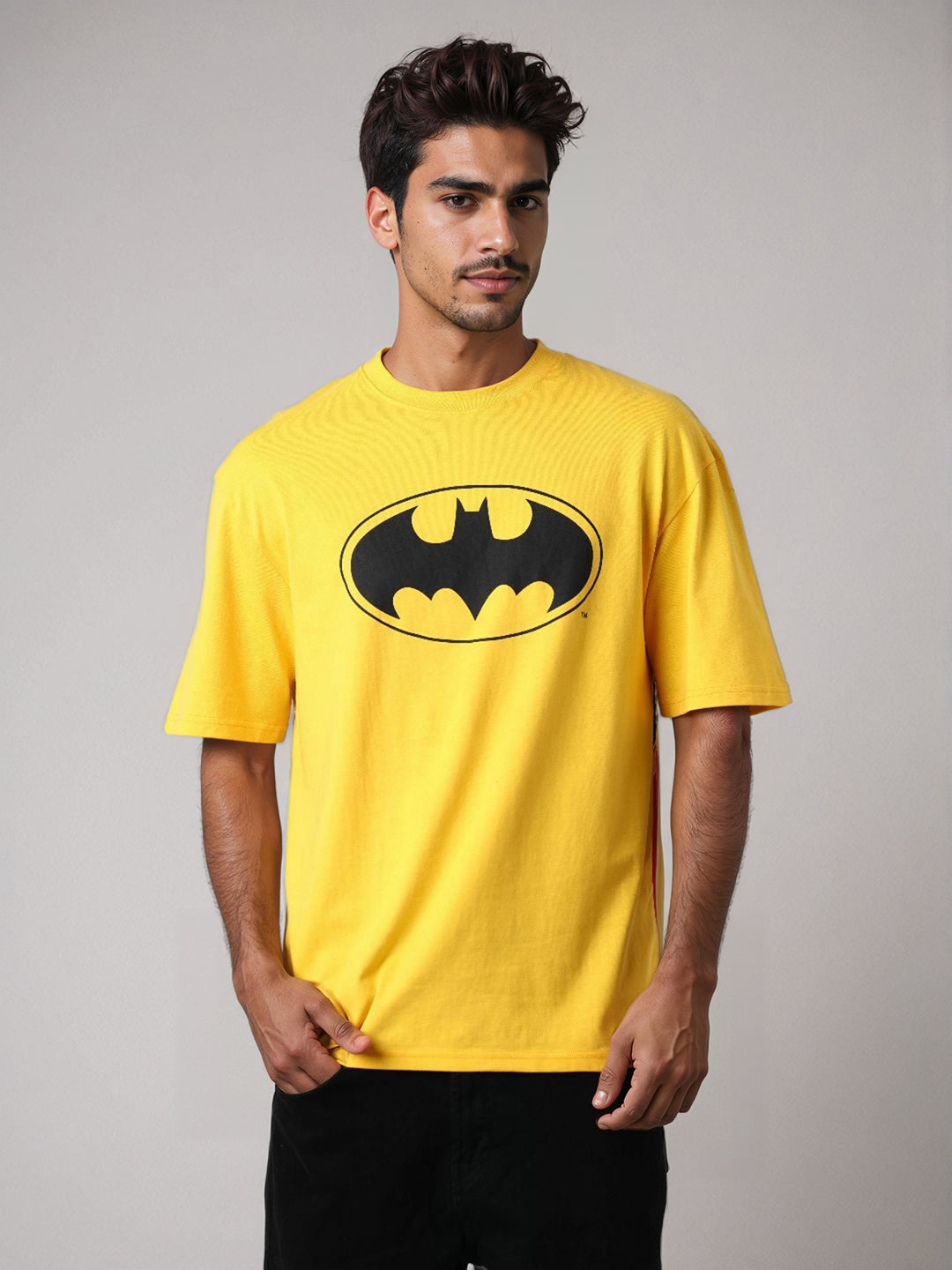 Men's Yellow Boxy Fit Character Batman Printed Crew Neck T-Shirt