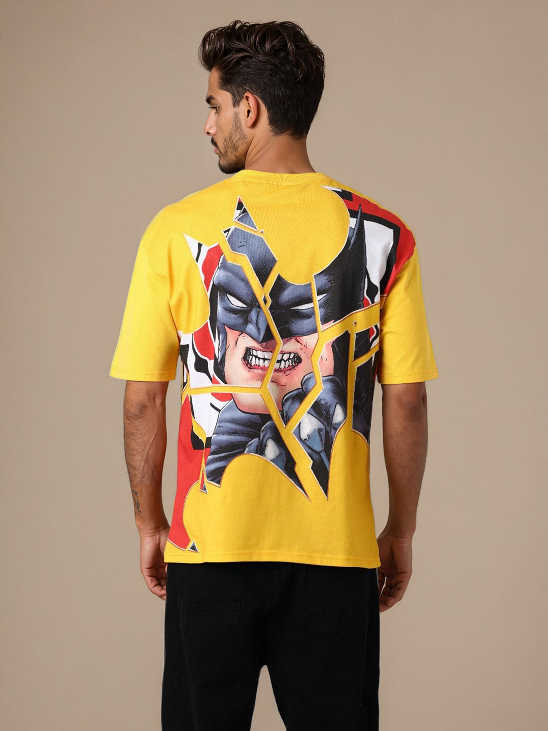 Men's Yellow Boxy Fit Character Batman Printed Crew Neck T-Shirt