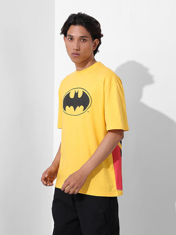 Men's Yellow Boxy Fit Character Batman Printed Crew Neck T-Shirt