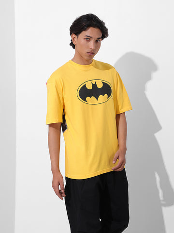 Men's Yellow Boxy Fit Character Batman Printed Crew Neck T-Shirt