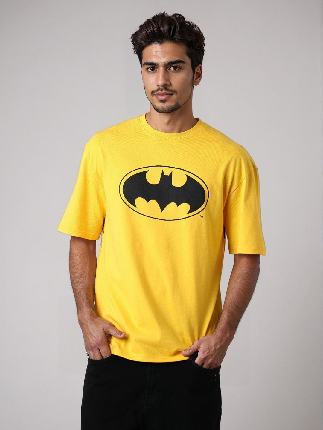 Men's Yellow Boxy Fit Character Batman Printed Crew Neck T-Shirt