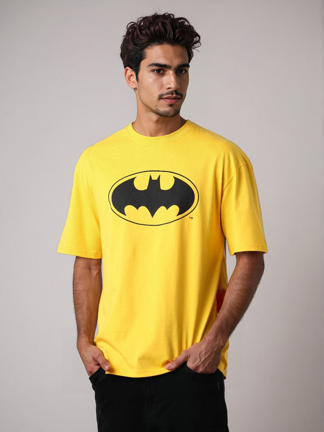 Men's Yellow Boxy Fit Character Batman Printed Crew Neck T-Shirt
