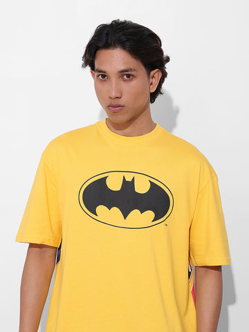 Men's Yellow Boxy Fit Character Batman Printed Crew Neck T-Shirt