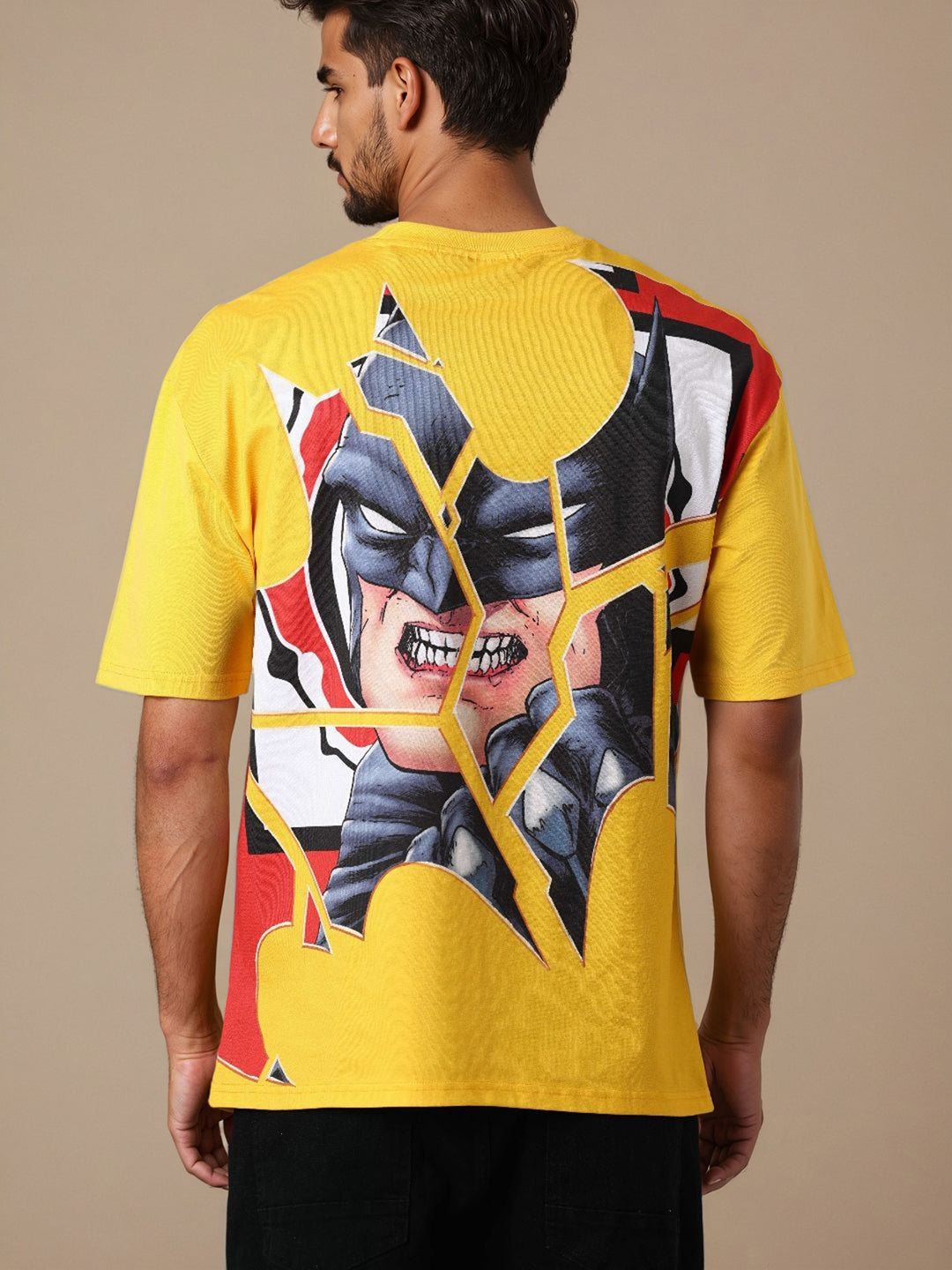 Men's Yellow Boxy Fit Character Batman Printed Crew Neck T-Shirt