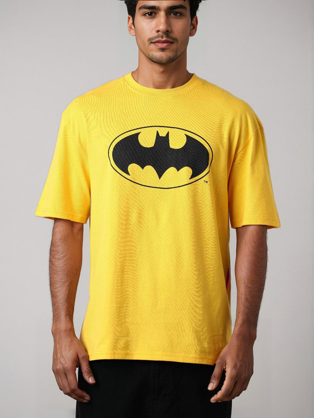 Men's Yellow Boxy Fit Character Batman Printed Crew Neck T-Shirt