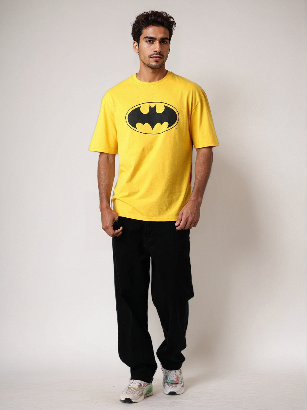 Men's Yellow Boxy Fit Character Batman Printed Crew Neck T-Shirt