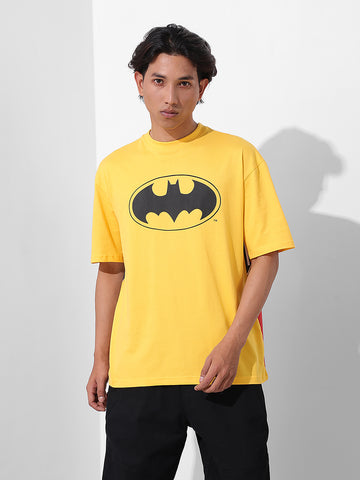 Men's Yellow Boxy Fit Character Batman Printed Crew Neck T-Shirt