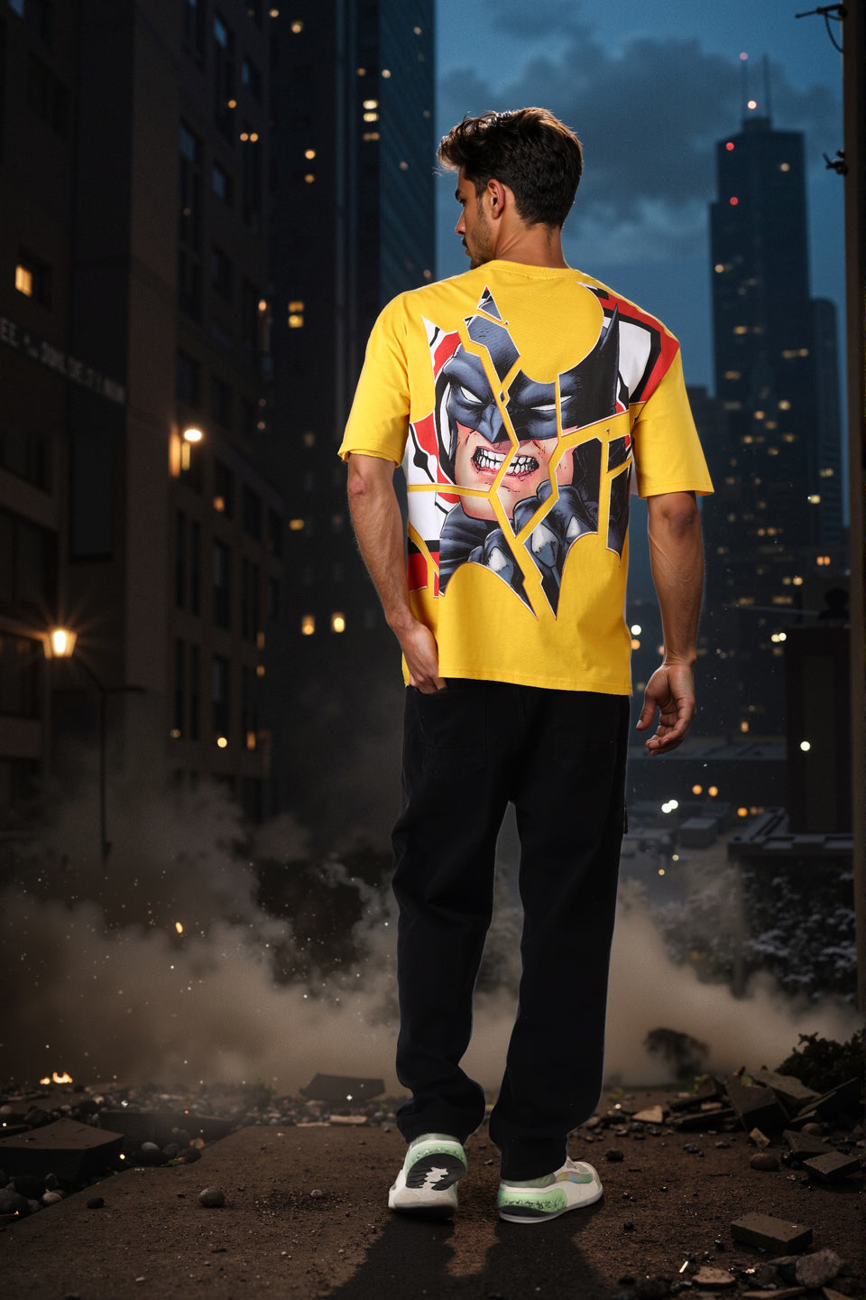 Men's Yellow Boxy Fit Character Batman Printed Crew Neck T-Shirt